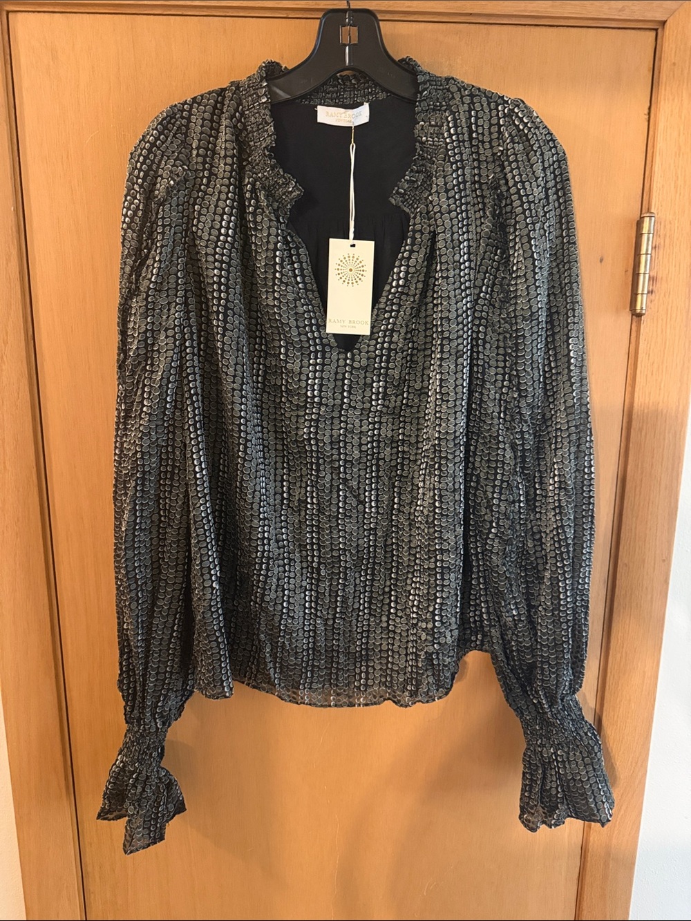 Ramy Brook Women’s Long Sleeve Dotted Ruffle Blouse Gray Black New Medium
